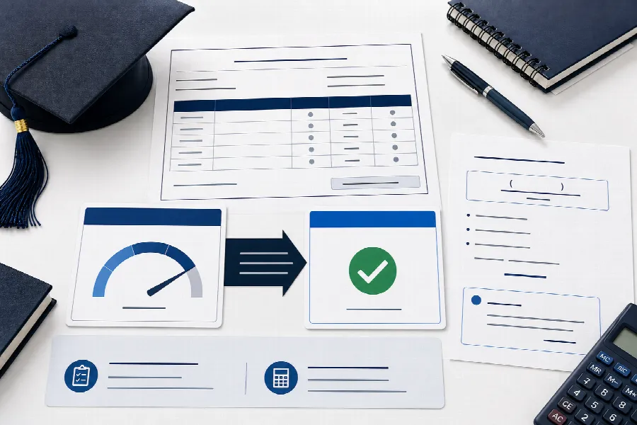 CGPA conversion illustration with academic grade sheet, conversion flow and checked result