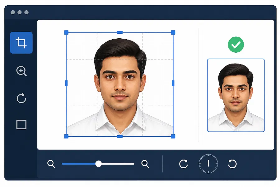 Illustration of a local image editor with crop, zoom and checked portrait output