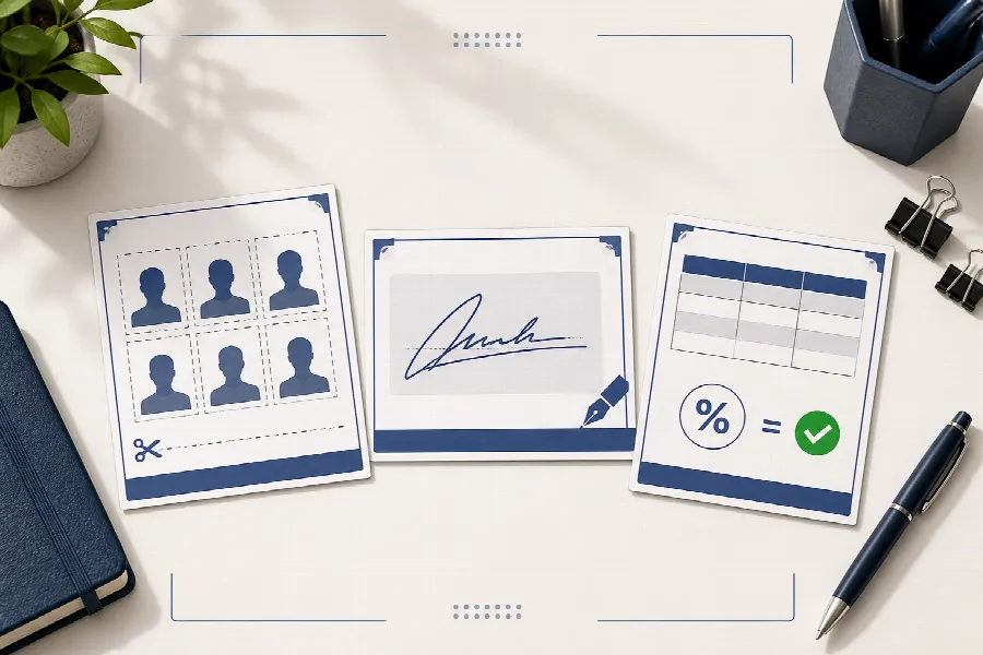 Application preparation desk with photo, signature and percentage tool cards