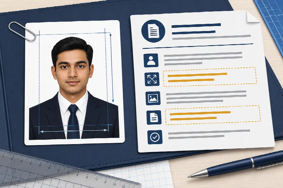 Illustration of a formal application photo beside current notice dimension guidance