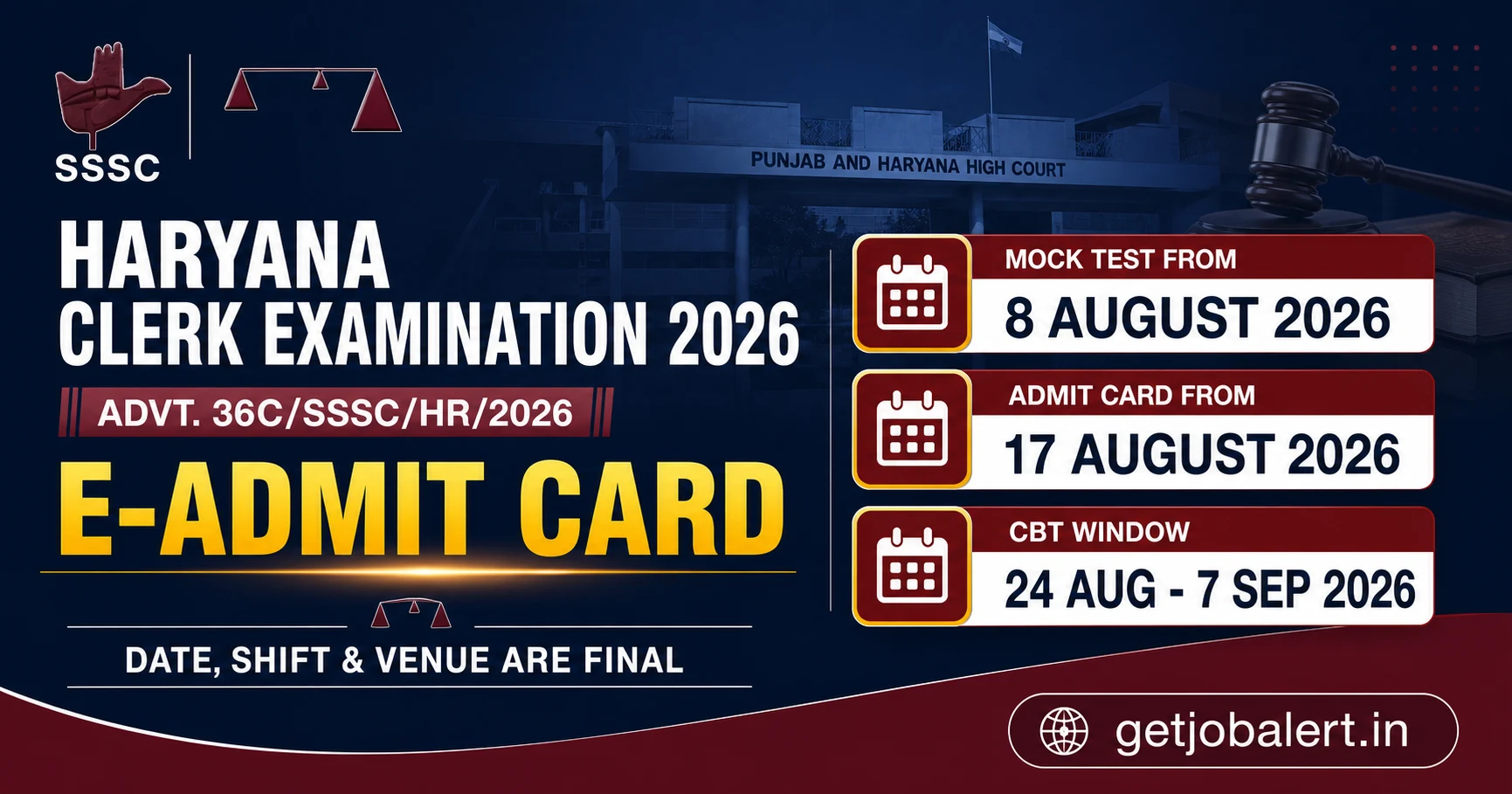 SSSC Haryana Clerk 2026 e-admit card release date and CBT window from 24 August to 7 September