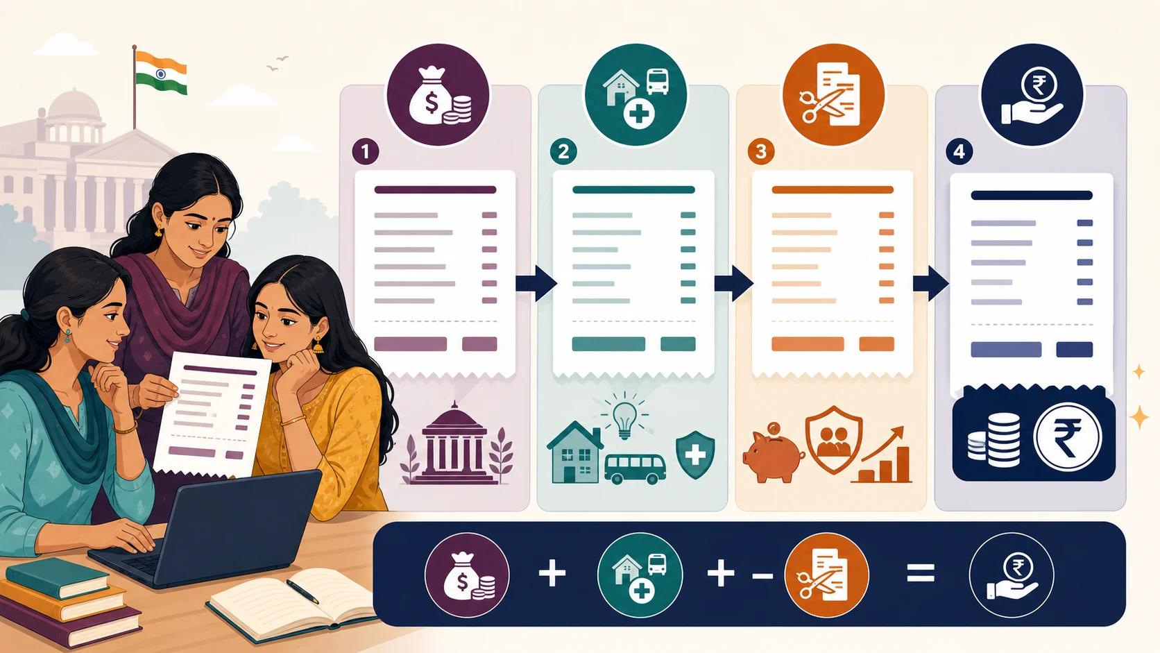 Visual salary breakdown showing basic pay, allowances, deductions and in-hand pay