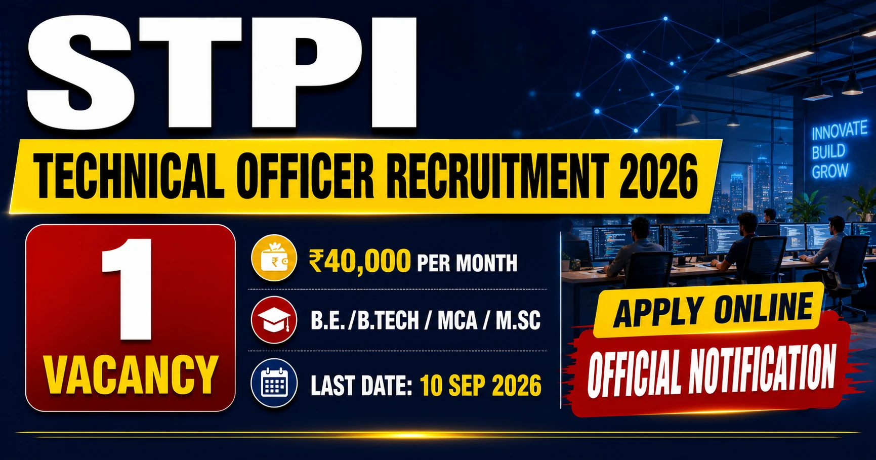 STPI Technical Officer Recruitment 2026 cover showing 1 vacancy and last date