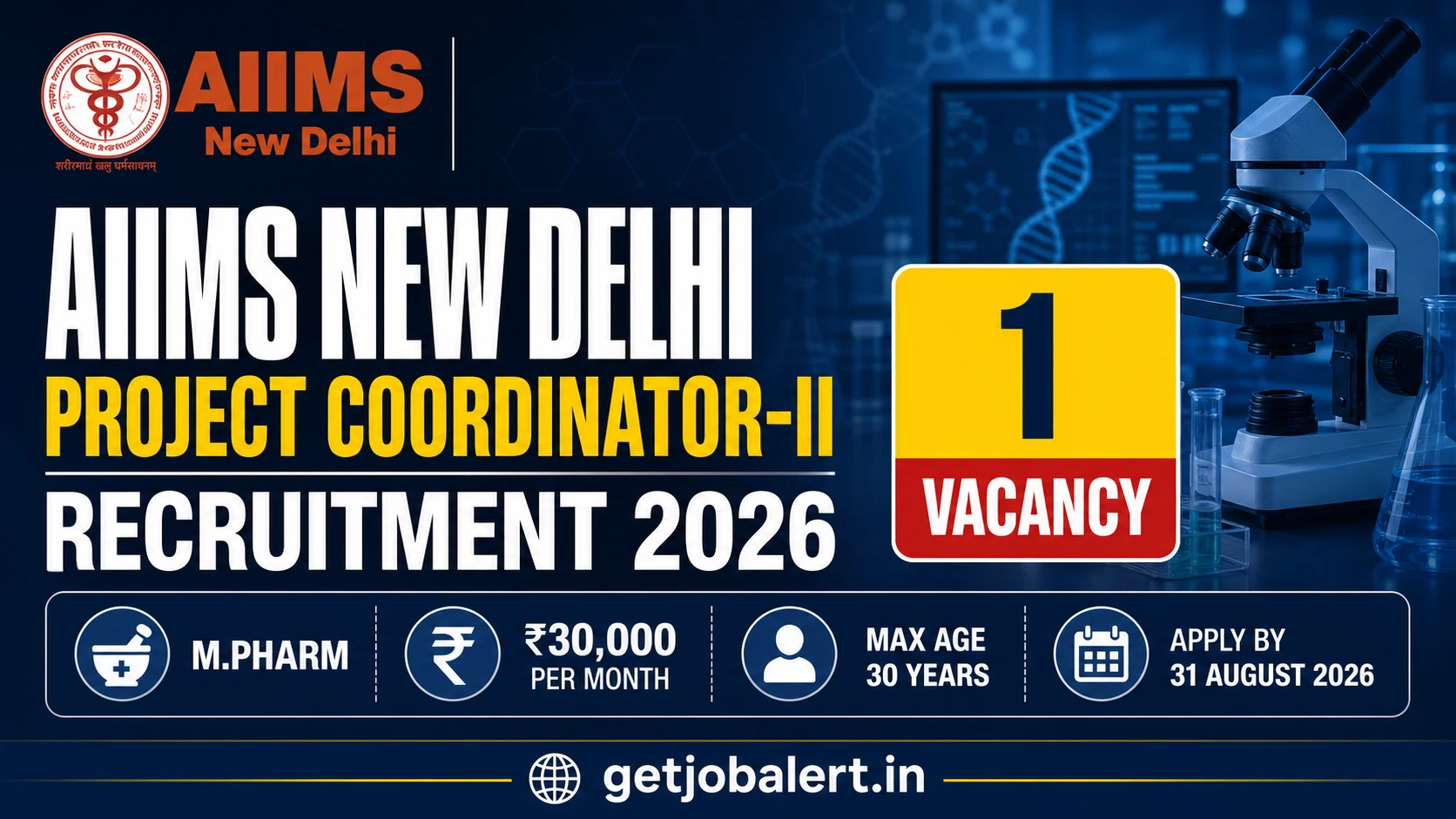 AIIMS New Delhi Project Coordinator-II Recruitment 2026 cover showing 1 vacancy, ₹30,000 pay and 31 August deadline