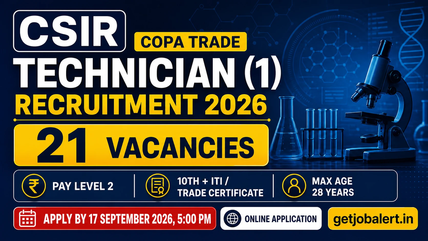 CSIR COPA Technician Recruitment 2026 – 21 vacancies, apply by 17 September