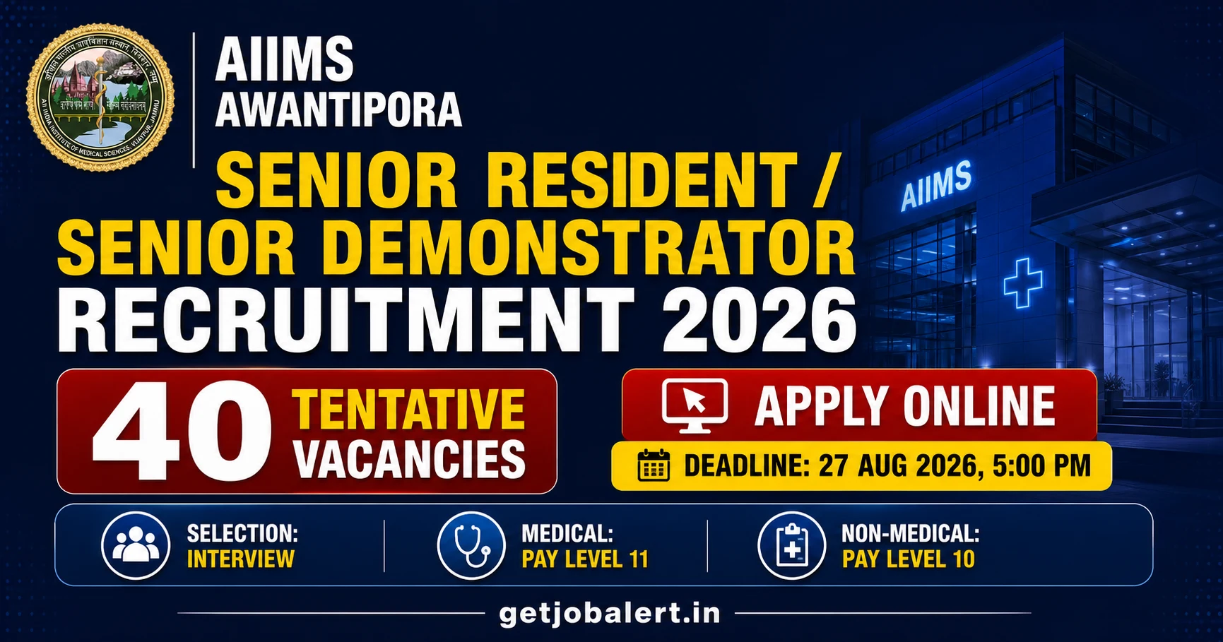 AIIMS Awantipora Senior Resident and Senior Demonstrator Recruitment 2026 cover showing 40 tentative vacancies and 27 August deadline