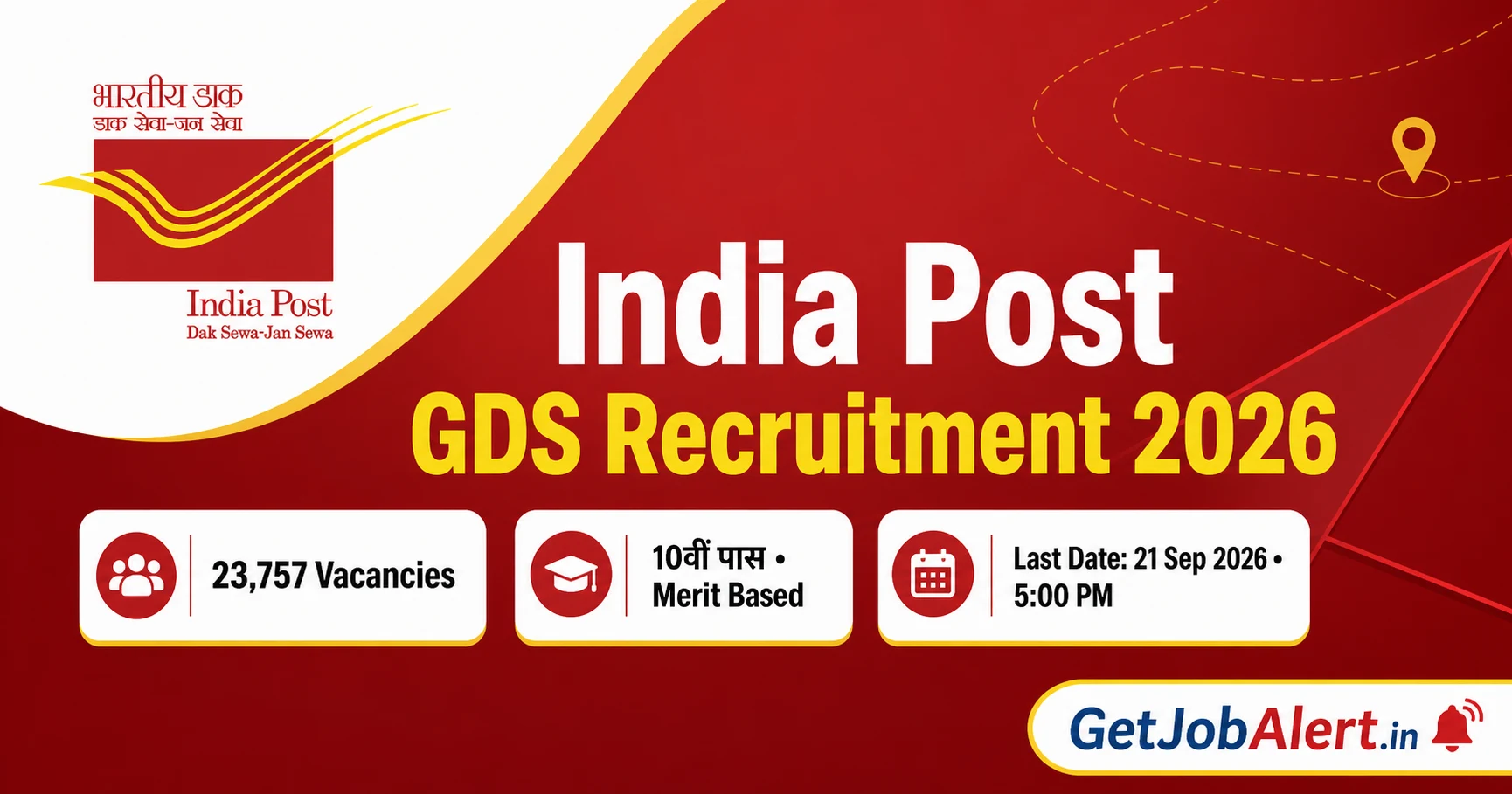 India Post GDS Recruitment 2026 cover showing 23,757 vacancies for 10th-pass candidates and 21 September 2026 deadline.