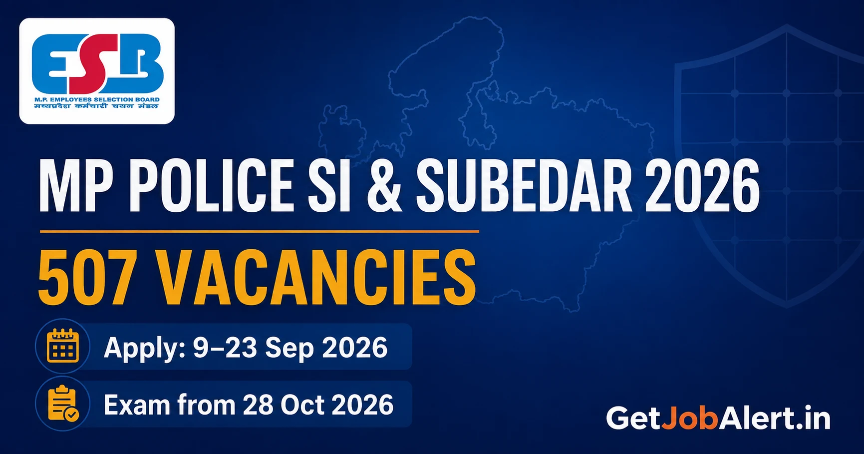 MP Police SI Recruitment 2026 cover showing 507 Subedar and SI vacancies, application dates and exam schedule