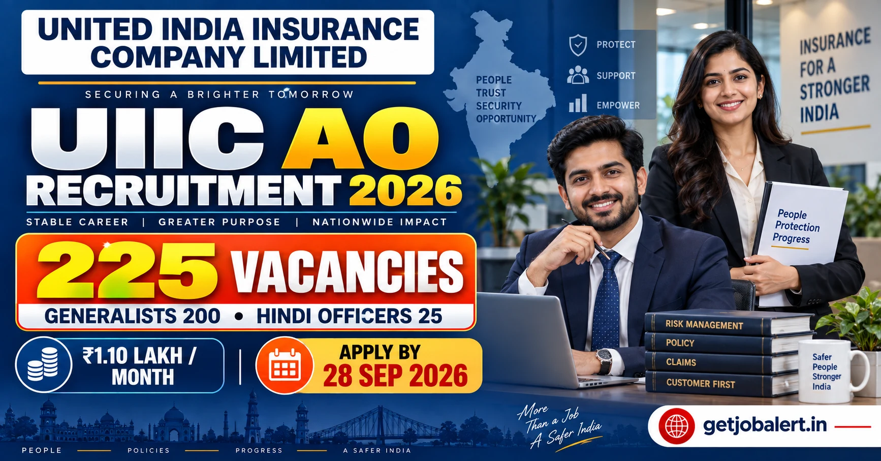 UIIC AO Recruitment 2026 cover showing 225 Generalist and Hindi Officer vacancies and 28 September deadline