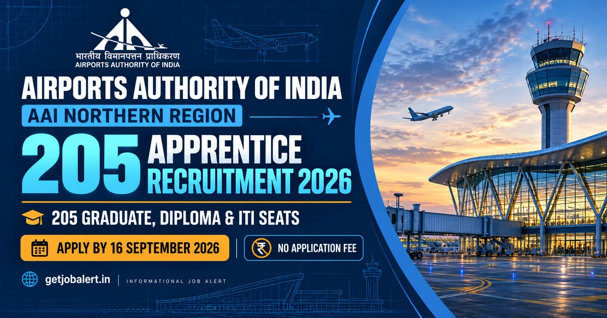 AAI Northern Region Apprentice Recruitment 2026 cover showing 205 Graduate Diploma and ITI seats, no application fee and 16 September 2026 last date