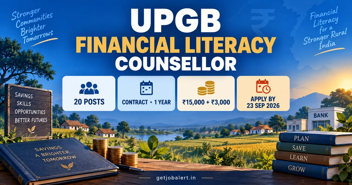 UPGB Financial Literacy Counsellor Recruitment 2026 cover showing 20 posts, one-year contract, pay and 23 September last date