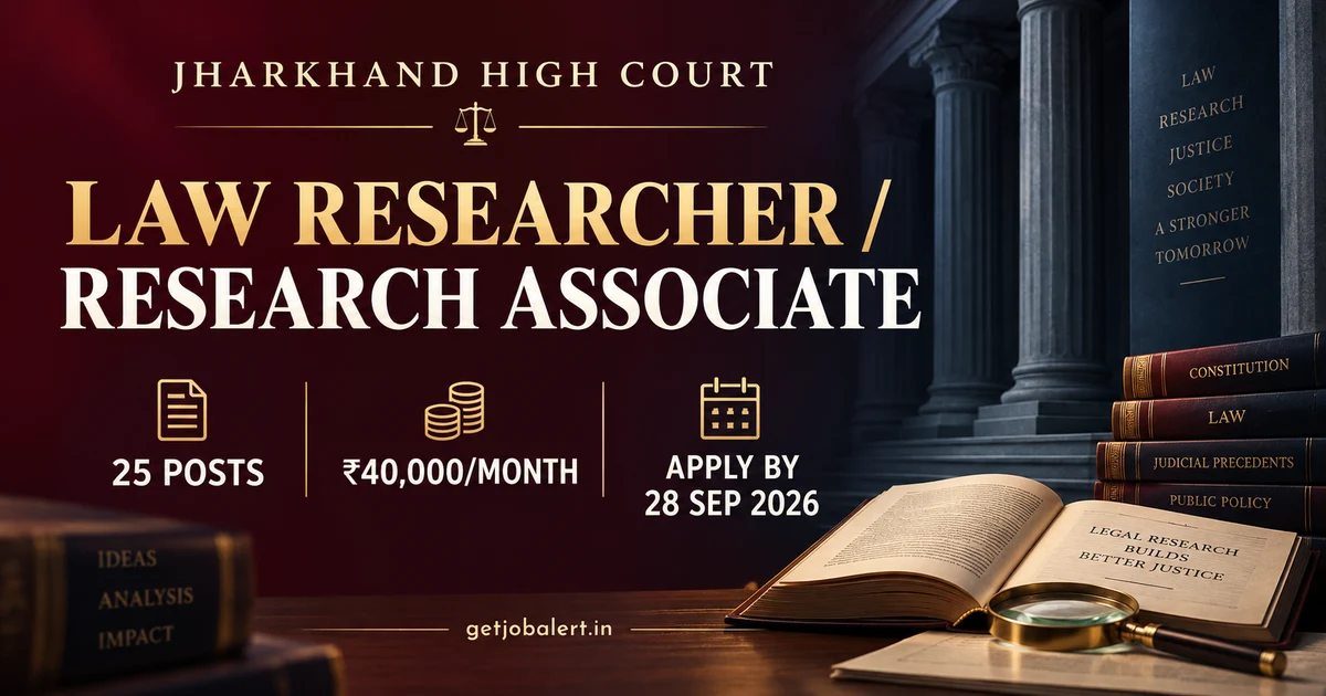 Jharkhand High Court Law Researcher Recruitment 2026 cover showing 25 posts, ₹40,000 monthly remuneration and 28 September last date