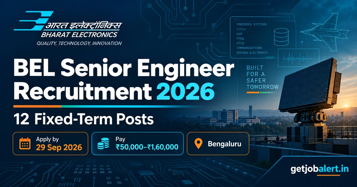BEL Senior Engineer Recruitment 2026 cover showing 12 fixed-term posts, pay scale, Bengaluru location and 29 September last date