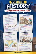SSC CGL History cover showing four actual handwritten note-page previews across ancient, medieval and modern Indian history.