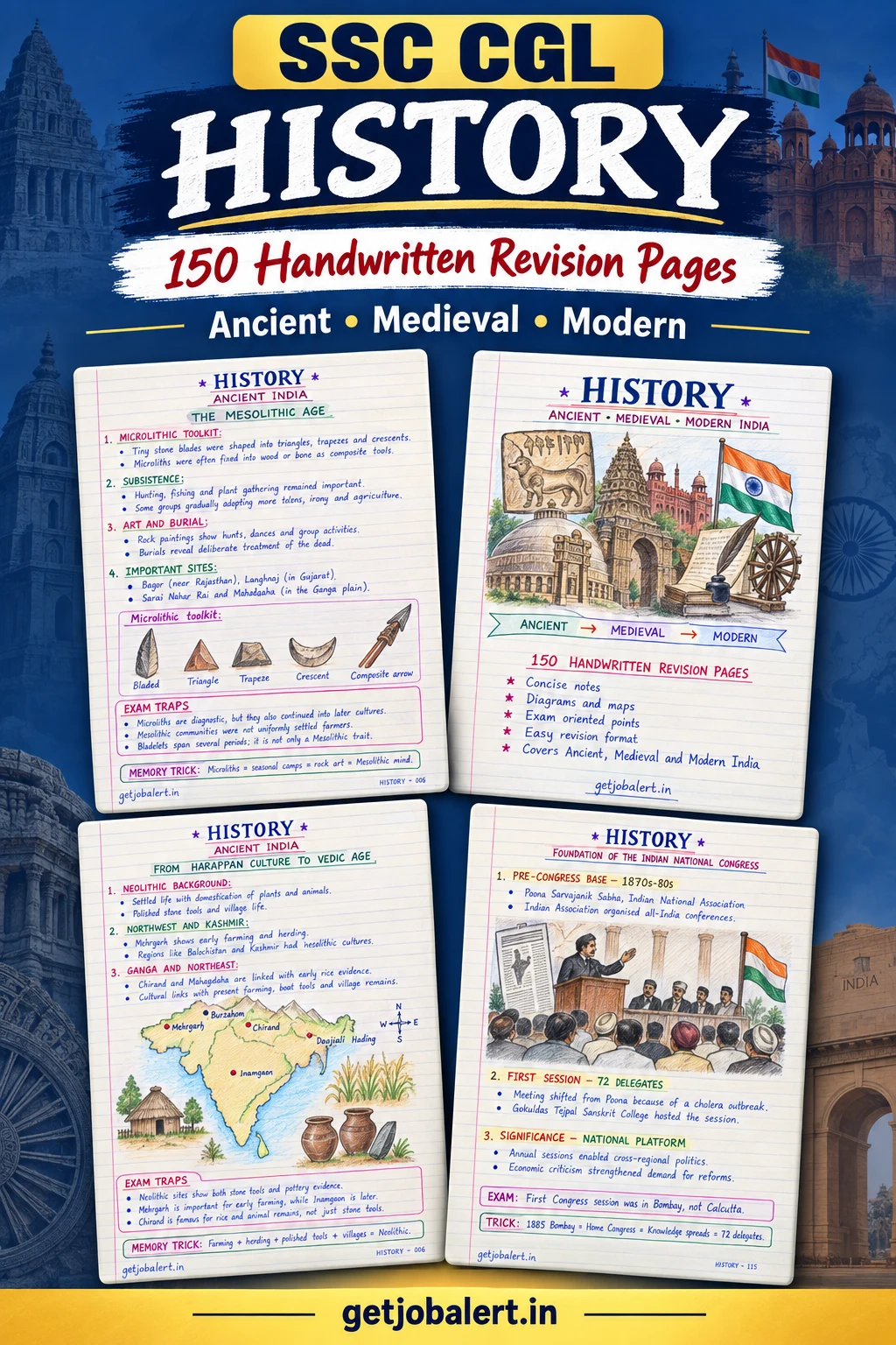 SSC CGL History cover showing four actual handwritten note-page previews across ancient, medieval and modern Indian history.