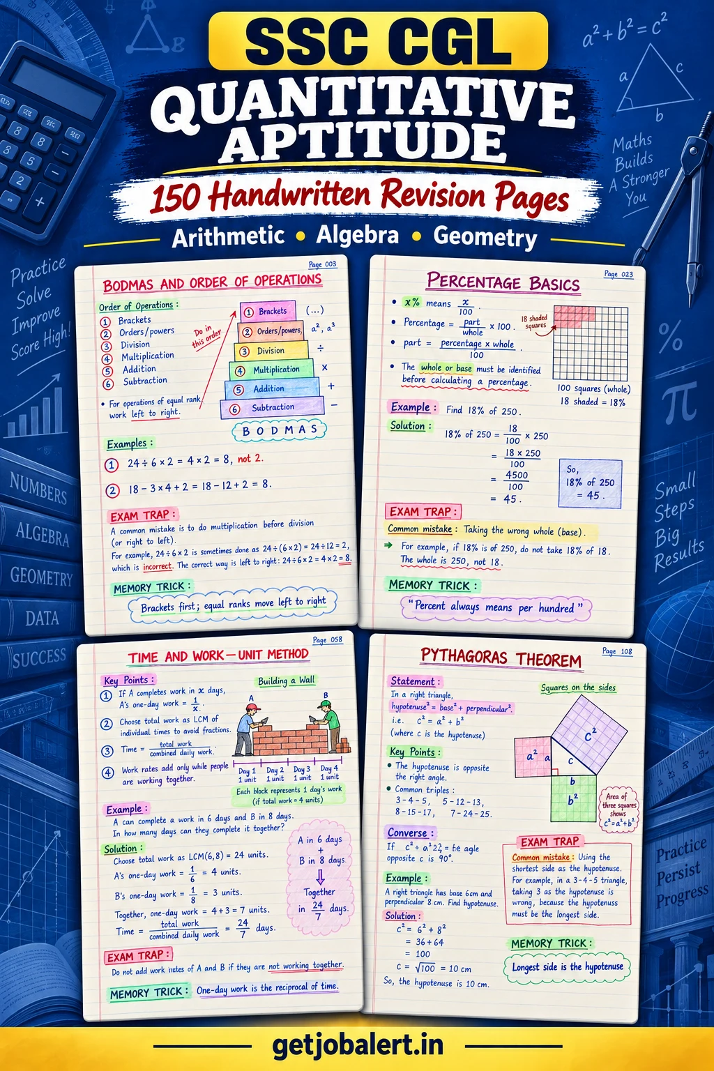 SSC CGL Quantitative Aptitude cover showing four actual handwritten note previews: BODMAS, percentage, time and work, and Pythagoras theorem.