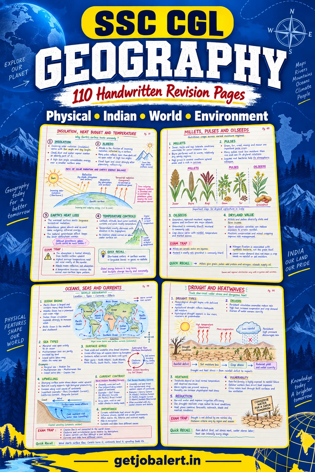 SSC CGL Geography handwritten notes cover showing four real revision pages on climate, agriculture, oceans and environment.