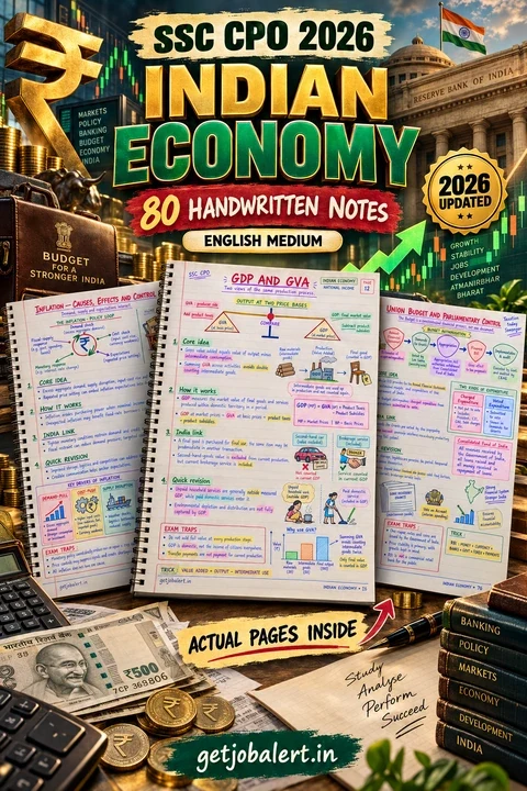 SSC CPO 2026 Indian Economy English Medium handwritten notes cover.
