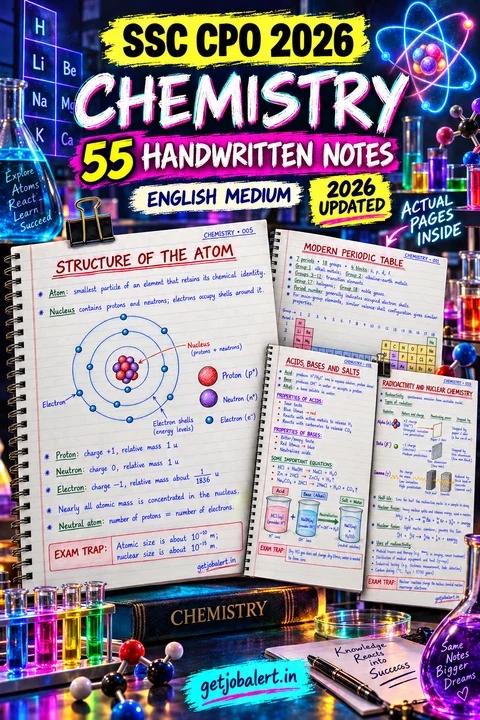 SSC CPO 2026 Chemistry English Medium handwritten notes cover.