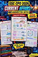 SSC CPO 2026 Current Affairs English Medium handwritten notes cover.