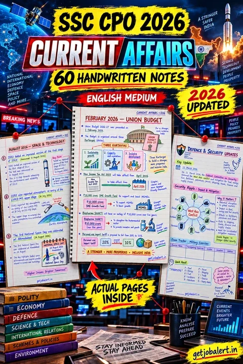 SSC CPO 2026 Current Affairs English Medium handwritten notes cover.