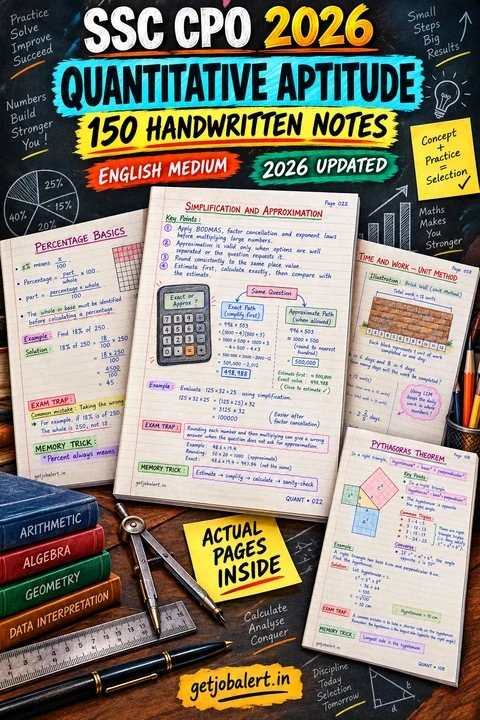 SSC CPO 2026 Quantitative Aptitude English Medium handwritten maths notes cover.