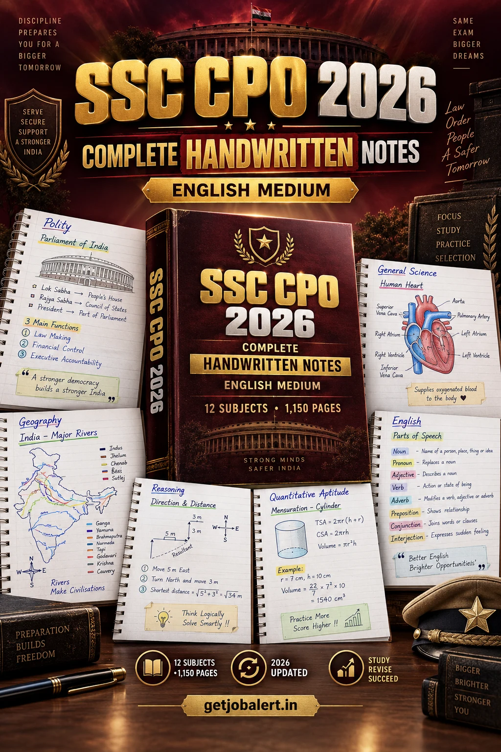 SSC CPO 2026 English Medium 12-book handwritten notes bundle cover
