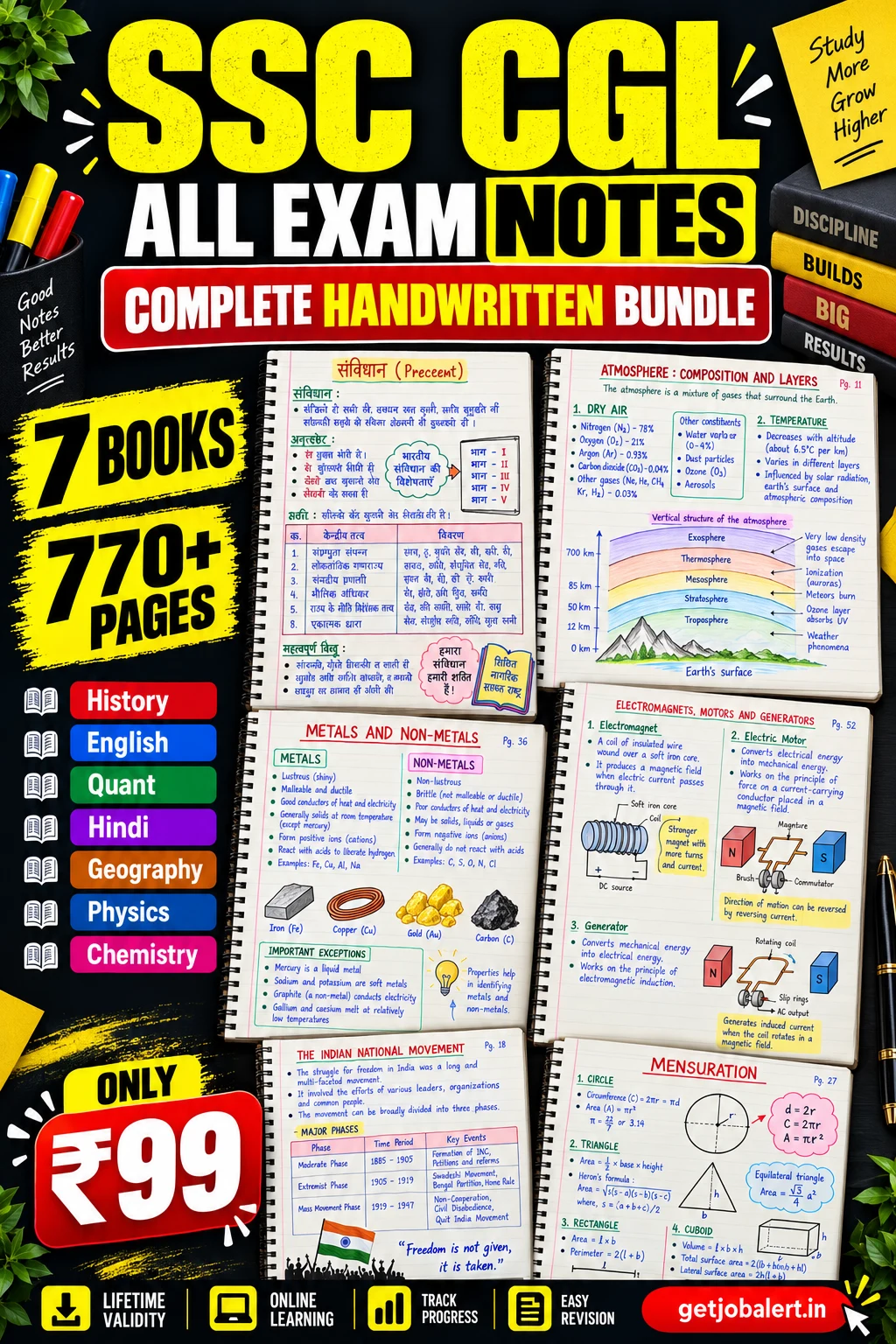 SSC CGL complete handwritten notes bundle cover with 7 books, 770+ pages and detailed subject-page previews.