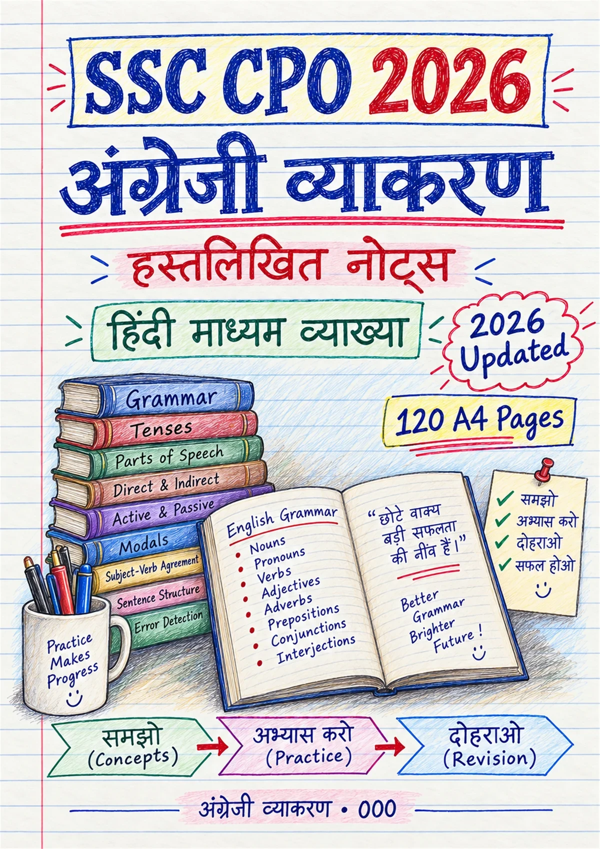 SSC CPO 2026 हिंदी माध्यम के अंग्रेज़ी व्याकरण नोट्स का कवर।