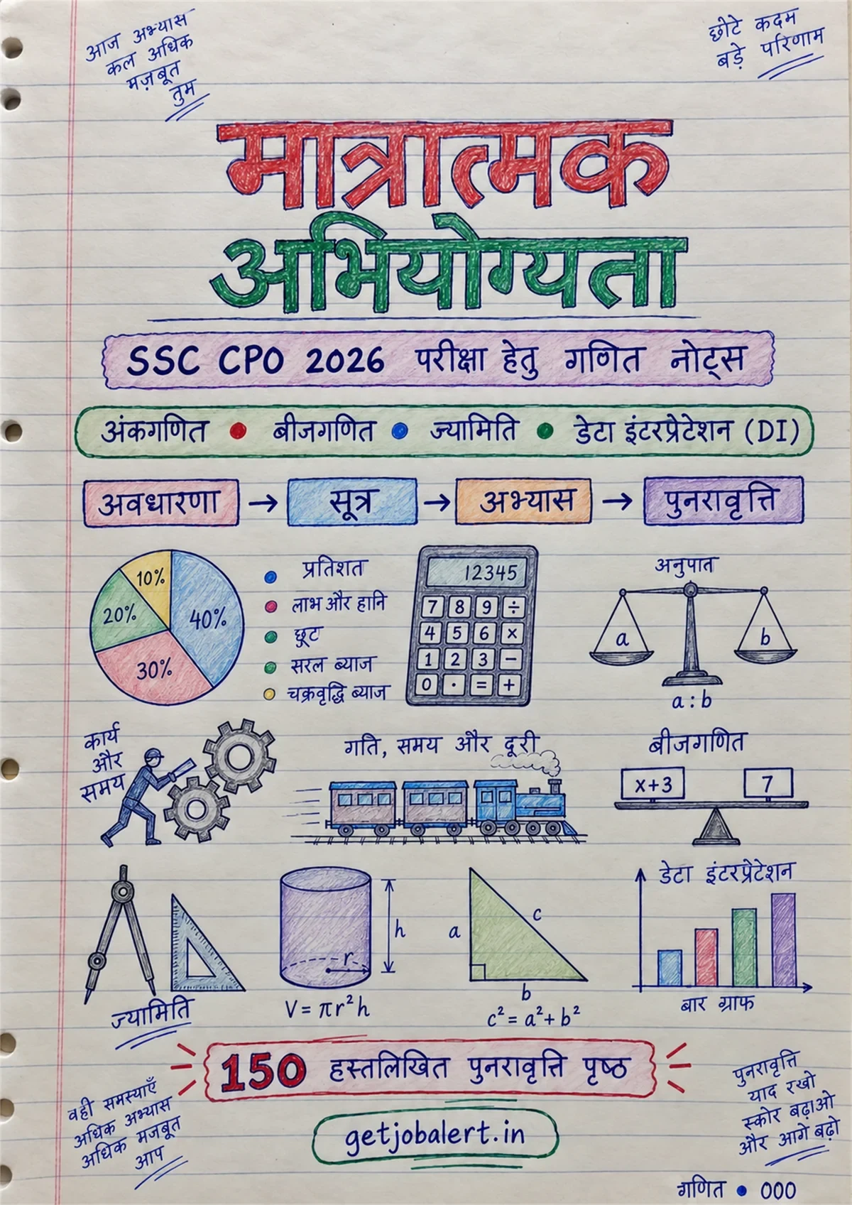SSC CPO 2026 हिंदी माध्यम के मात्रात्मक योग्यता हस्तलिखित नोट्स का कवर।